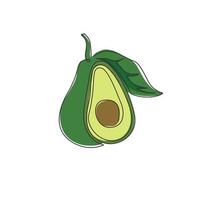 enkele doorlopende lijntekening hele en gesneden gezonde biologische avocado voor de identiteit van het boomgaardlogo. vers fruitconcept voor fruittuinpictogram. moderne één lijn tekenen ontwerp vector grafische afbeelding