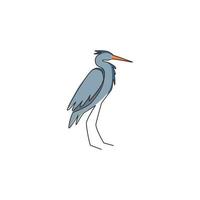 enkele doorlopende lijntekening van schattige staande reiger voor de identiteit van het bedrijfslogo. lange snavel vogel mascotte concept voor nationaal natuurpark icoon. moderne één lijn tekenen ontwerp vectorillustratie vector