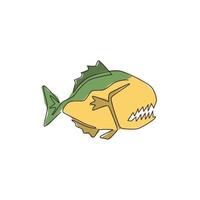 een doorlopende lijntekening van gevaarlijke piranha voor logo-identiteit. monster vis mascotte concept voor gevaarlijke rivier teken icoon. enkele lijn tekenen ontwerp vector grafische afbeelding