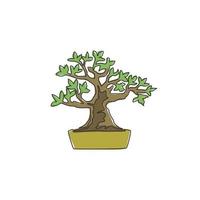 een doorlopende lijntekening schoonheid en exotische mini bonsai boom voor thuis muur decor art poster print. oud ingemaakte bonsaiconcept voor het embleem van de installatiewinkel. trendy enkele lijn tekenen ontwerp vectorillustratie vector