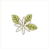 één enkele lijntekening van schoonheids verse bladverliezende jasmijnbloem voor logo van theedrank. afdrukbare decoratieve jasminum voor thuis muur decor poster. moderne doorlopende lijn tekenen ontwerp vectorillustratie vector