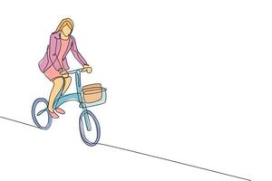 een doorlopende lijntekening van jonge professionele manager vrouw fietsen rit gevouwen fiets naar haar kantoor. gezond werkend stedelijk levensstijlconcept. dynamische enkele lijn tekenen ontwerp vectorillustratie vector