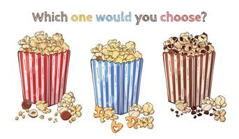 vector snacks noten popcorn, kaas popcorn, chocolade popcorn set