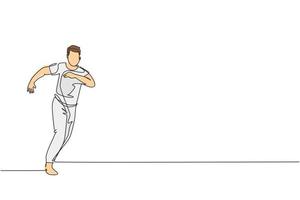 enkele doorlopende lijntekening van jonge sportieve man oefen braziliaanse capoeira beweging dans op buiten straat. cultuur krijgskunst en sport concept. trendy één lijn tekenen ontwerp vectorillustratie vector