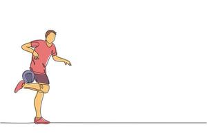 een doorlopende lijntekening van jonge sportieve man voetbal freestyler speler praktijk houdt de bal met kalf in de straat. voetbal freestyle sport concept. enkele lijn tekenen ontwerp vectorillustratie vector