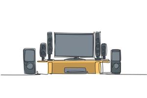 één doorlopende lijntekening van luxe home theater home entertainment. elektriciteit woonkamer meubilair gadget sjabloon concept. trendy enkele lijn tekenen ontwerp vector grafische afbeelding