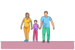 een enkele lijntekening van jonge gelukkige familie mama en papa leiden hun zoon samen wandelen met zijn handen vector grafische illustratie. opvoedingsconcept. modern ononderbroken lijntekeningontwerp