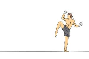 een enkele lijntekening van jonge energieke muay thai vechter man pose voor vechten op sportschool fitness centrum vectorillustratie. strijdlustig thai boksen sportconcept. modern ononderbroken lijntekeningontwerp vector