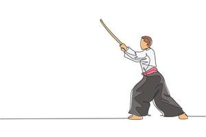 enkele doorlopende lijntekening van jonge sportieve man met kimono oefen aikido met houten zwaardvechttechniek. Japans krijgskunstconcept. trendy één lijn tekenen ontwerp vectorillustratie vector