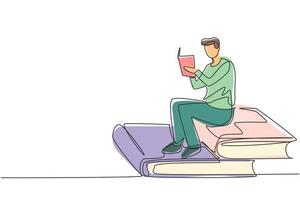 continu één lijntekening jonge man lezen, leren en zittend op grote boeken. studeren in bibliotheek. literatuurfans, student, onderwijsconcept. enkele lijn tekenen ontwerp vector grafische afbeelding