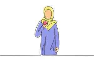 enkele een lijntekening arabische vrouw met bakkerij maaltijd met de hand. blij en geniet van een lunchsnack op kantoor. heerlijk en gezond eten. moderne doorlopende lijn tekenen ontwerp grafische vectorillustratie vector