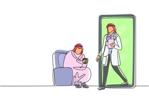 enkele een lijntekening Arabische mannelijke patiënt zittend opgerold op de bank, deken gebruikend, mok vasthoudend en er is een mannelijke arts die uit smartphone loopt, klembord vasthoudt. moderne ononderbroken lijntekening vector