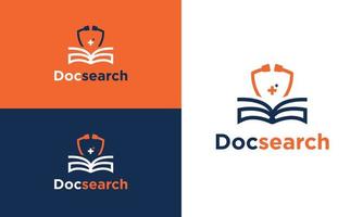 dokter aan het leren logo ontwerp voor medisch aan het leren met stethoscoop en boek icoon vector