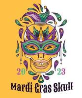 mardi gras schedel gouden mond t-shirt 2023 koel t-shirt ontwerp dat Kenmerken een schedel gouden mond in mardi gras kostuum vector