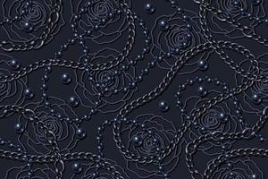 naadloos laag contrast blauw patroon met parel kralen, strings van zwart parels, roestvrij kettingen, lineair rozen Aan zwart achtergrond. golvend lijnen, klassiek blauw kleur. vector illustratie