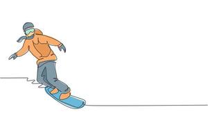 een doorlopende lijntekening jonge sportieve vrouw snowboarder snowboard rijden in de Alpen besneeuwde poeder berg. winter levensstijl sport concept. dynamische enkele lijn tekenen ontwerp grafische vectorillustratie vector