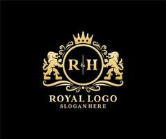 eerste rh brief leeuw Koninklijk luxe logo sjabloon in vector kunst voor restaurant, royalty, boetiek, cafe, hotel, heraldisch, sieraden, mode en andere vector illustratie.