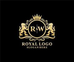 eerste rw brief leeuw Koninklijk luxe logo sjabloon in vector kunst voor restaurant, royalty, boetiek, cafe, hotel, heraldisch, sieraden, mode en andere vector illustratie.