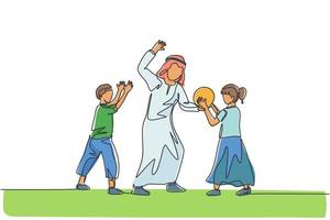 een doorlopende lijntekening van jonge islamitische vader die bal speelt met zoon en dochter op buitenveld. gelukkig arabisch moslim ouderschap familieconcept. dynamische enkele lijn tekenen ontwerp vectorillustratie vector