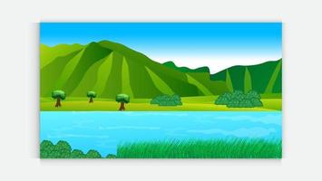 natuur tafereel met bomen , blauw lucht ,heuvel, rivier. een mooi meer landschap. vlak vector platteland tekenfilm stijl illustratie van natuur landschap met bomen en berg bovenstaand rivier.