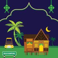 traditioneel Maleis dorp huis met kokosnoot boom en Islamitisch decoratief elementen voor eid mubarak raya Ramadan festival groet vector