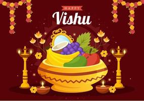 gelukkig vishu festival illustratie met traditioneel kerala Kani, fruit en groenten voor landen bladzijde in vlak tekenfilm hand- getrokken Sjablonen vector