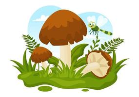 champignons illustratie met verschillend paddestoel, gras en insecten voor web banier of landen bladzijde in vlak tekenfilm hand- getrokken Sjablonen vector