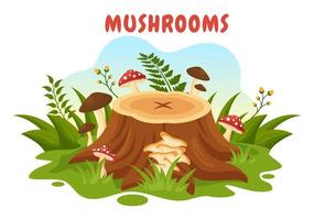 champignons illustratie met verschillend paddestoel, gras en insecten voor web banier of landen bladzijde in vlak tekenfilm hand- getrokken Sjablonen vector