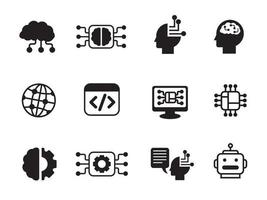 reeks van kunstmatig intelligentie- en computer pictogrammen met zwart stijl geïsoleerd Aan wit achtergrond vector