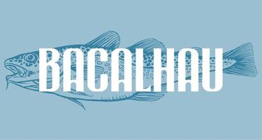 inkt hand- getrokken vector illustratie van kabeljauw vis. gadus morhua. met tekst bacalhau, kabeljauw vis in Portugees, Aan blauw achtergrond