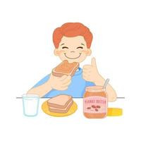 jongen eet pinda boter belegd broodje met Super goed genoegen vector