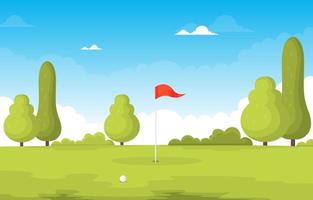 golfbaan met rode vlag, bomen en golfbal vector
