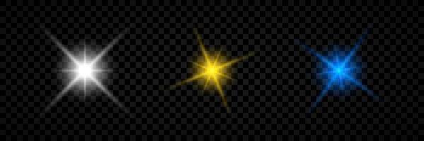 licht effect van lens fakkels. reeks van drie wit, geel en blauw gloeiend lichten starburst Effecten met sparkles Aan een transparant achtergrond. vector illustratie