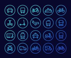 transportlijn pictogrammen instellen, auto's, bestelwagen, fiets, motor, bus, trein, vliegtuig, taxi, tuk-tuk en quad bike.eps vector