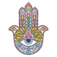 fatima hand- gekleurde Indisch symbool. khamsa, heilig oostelijk teken, mooi zo geluk charme. hamsa met allemaal zien oog. vector