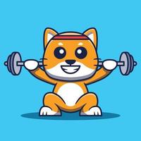 schattig kat mascotte oefenen hijs- barbell tekenfilm illustratie. vector