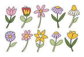 reeks van retro groovy hippie bloemen. verzameling van verschillend bloemen in een hippie stijl. vector