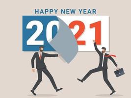 tot ziens 2020. een zakenman scheurt een kalenderblad van het uitgaande jaar af. afscheid nemen van komend jaar. vector