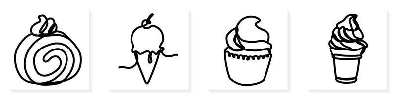 reeks van een doorlopend lijn kunst hand- getrokken contour van heerlijk smakelijk gebakjes, bakkerij een plak voor decoratie, embleem voor banketbakkerij, zoet winkel, bakkerij in minimalistische ontwerp vector