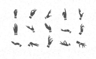 handen met armbanden en ringen in etnisch stijl in verschillend standen naar uitdrukken gevoelens en emoties. vector
