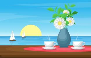 kopjes thee en bloemen op tafel met uitzicht op de oceaan en zeilboten vector