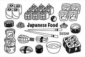 Japans sushi rollen reeks in hand- getrokken tekening stijl. Aziatisch voedsel voor restaurants menu vector