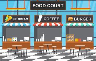 food court-interieur met ijs en hamburgerrestaurants met lege tafels en stoelen