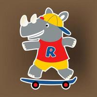 schattig neushoorn spelen skateboard, vector tekenfilm illustratie