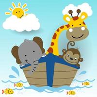 schattig dieren Aan boot met vissen in water, zon achter wolken Aan blauw lucht achtergrond, vector tekenfilm illustratie