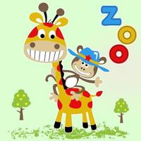 grappig aap met sheriff hoed rijden Aan giraffe, vector tekenfilm illustratie