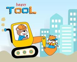 schattig beer met kat Aan bouw voertuig, vector tekenfilm illustratie