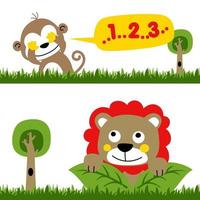 spelen verbergen en zoeken in oerwoud met aap en leeuw, vector tekenfilm illustratie
