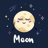 schattig tekenfilm planeet karakter maan met grappig gezicht. poster zonne- systeem voor kinderen. vector illustratie
