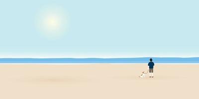 illustratie van tropisch blauw zee, zand strand en zon achtergrond met Mens en zijn hond. landschap van kust mooi zee kust strand Aan mooi zo zonnig dag vlak ontwerp illustratie. vector